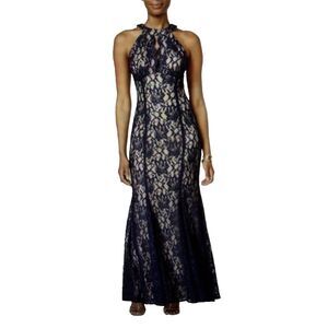 Nightway Lace Keyhole Halter Mermaid Gown Navy Blue Nude Glitter Formal Size 4